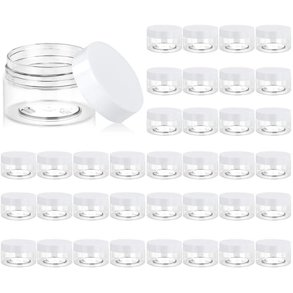 Eternal Moment 36 Pack 1 OZ Plastic Jars Round Clear Cosmetic Container Jars with White Lids, Perfect for Lotion, Slime，Cream, Ointments, Makeup, Eye Shadow, Samples, Pot, Travel Storage