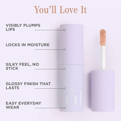 Côte Beauty's Euphoria Peptide Lip Shine, Ultra Hydrating & Long-Lasting Shimmery Sheer Nude Plumping Lip Gloss for Women with Hyaluronic Acid, Shea Butter & Jojoba Oil, Vegan & Cruelty-Free, 0.12FlOz