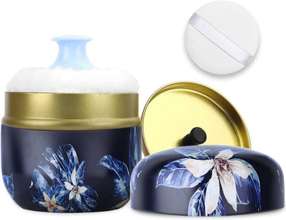 SHIMIDO Body Powder Puff and Container, 3.15" Portable Empty Body Powder Container for Baby Women's Loose Dusting Powder, Powder Case Box with Lids for Bath, Travel and Home Use (Dark Night)