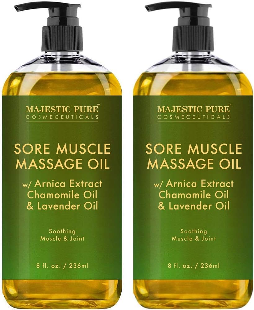 MAJESTIC PURE Arnica Sore Muscle Massage Oil for Massage Therapy - Refreshing, and Relaxing - Natural Oils with Lavender & Chamomile Essential Oils - All Skin Types - Men & Women - 8 fl oz (Pack of 2)