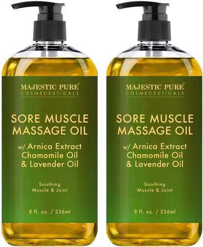 MAJESTIC PURE Arnica Sore Muscle Massage Oil for Massage Therapy - Refreshing, and Relaxing - Natural Oils with Lavender & Chamomile Essential Oils - All Skin Types - Men & Women - 8 fl oz (Pack of 2)
