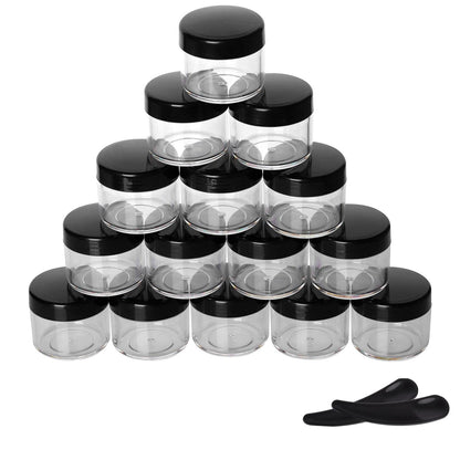 Refillable Cosmetic Sample Jars - 100 Pack 15g (0.5oz) Black Small Travel Containers with Lids + 10 Mini Makeup Spatulas - BPA Free