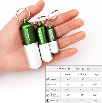 munkees Portable Pill Case Small Waterproof Capsules EDC Keychain, Travel Pill Bottle for Camping, Hiking, Backpacking, Compact Valuables Container for Outdoors 2-Pack