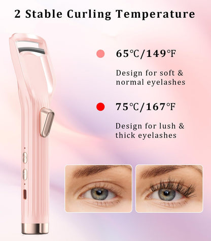 Heated Eyelash Curler Premium PRO - Fast Heat up in 8s - 24 Hours Long Lasting - Rechargeable Electric Eyelash Curler with Type-C, Innovative L Silicone, 2 Heat Modes, Anti-Burn Eyelid, Pink-DB