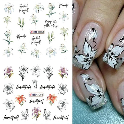 12 Designs Flower Nail Art Stickers - Lily Acrylic Decals for Spring Summer Decorations - Colorful Assorted Floral Water Transfer Slider Foil Sticker for Women
