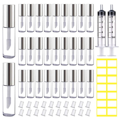 AMORIX 50PCS Mini Lip Gloss Tubes with Wand 1.2ml Empty Lip Gloss Containers Clear Refillable Travel Lip Balm Bottles for Samples with 5ml Syringes DIY Lip Gloss Base + Tag Labels(Silver)