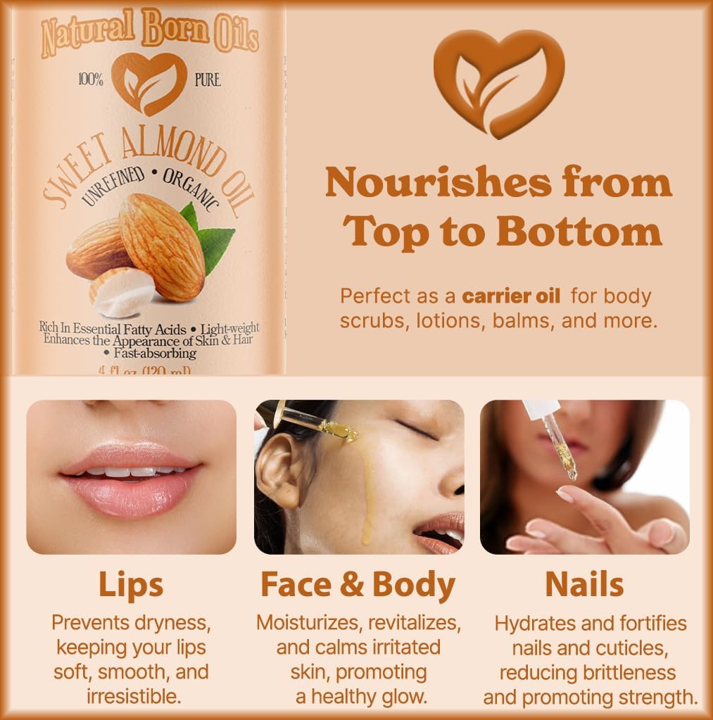 Sweet Almond Oil, 1 Gallon, Organic, Cold-Pressed, Nutrient-Rich, Excellent for Soft Skin, Lustrous Hair. Natural Born Oils.
