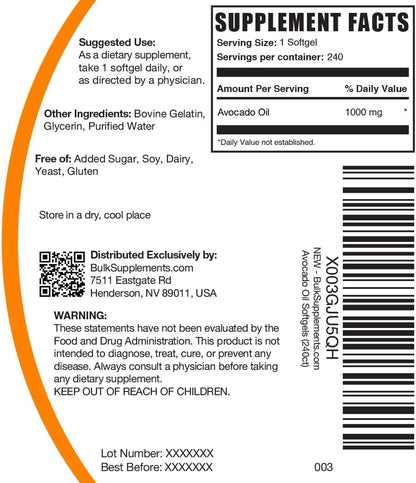 BulkSupplements.com Avocado Oil 1000mg Softgels - Avocado Oil Supplement, Avocado Oil Capsules, Avocado Oil Pills - Gluten Free & Soy Free, 1 Avocado Oil Softgel per Serving, 240 Softgels