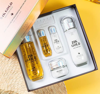 Signature 24K Gold Essential Skin Care 3 Set - Toner (150ml), Emulsion (150ml), Cream (50ml) - Korean Skincare for Healthy and Glowing Skin