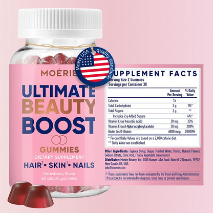 Moerie Hair Skin and Nails Gummies for Women & Men - Biotin for Hair Loss, Gummy Vitamins & Growth Dietary Supplements - Sugarbear for Thicker Hair - Allergen Free - 120 per Serving - Balanced Diet