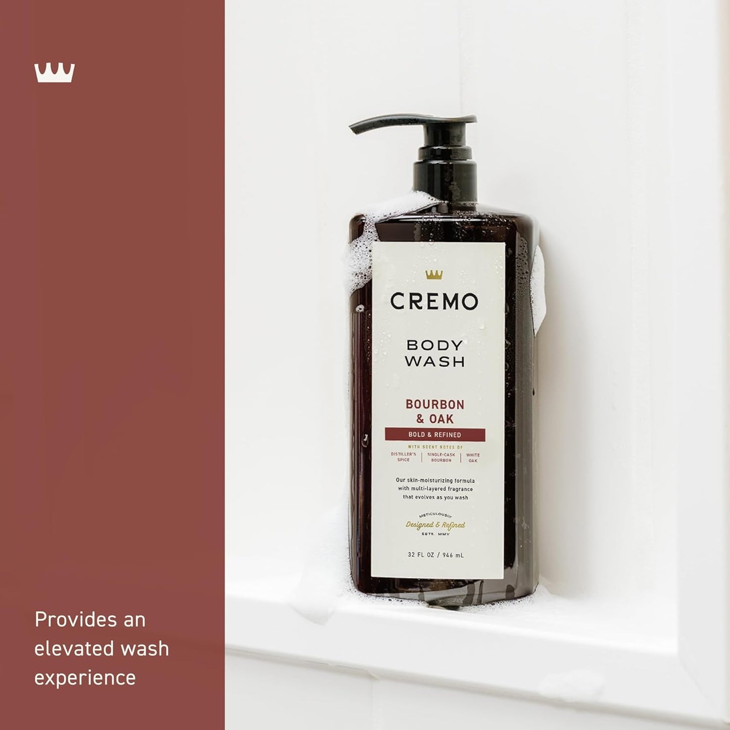 Cremo Rich-Lathering Bourbon & Oak Body Wash for Men, Notes of Distillers Spice, Fine Bourbon and White Oak, 32 Fl Oz