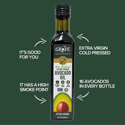 Grove Extra Virgin Avocado Oil - Plant Based, Vegan, Gluten Free, 100% Natural, Cold Pressed, High Smoke Point, 16 Whole Avocados in Every Bottle (8.4oz, 250ml)