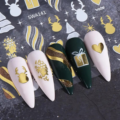 2PCS Christmas Nail Art Stickers, Winter Snowflake Reindeer Nail Stickers Christmas Gift Heart Pattern Self-Adhesive Nail Decals, DIY Nails Art Decoration, Festive Nails Supplies, Xmas Nails Charms