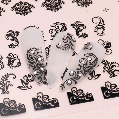 Black Flowers Nail Stickers, Floral Nail Art Decal 3D Self-Adhesive Lace Retro Flower Vine Leaf Decals for Women Nail Designs Decoration (373-384)