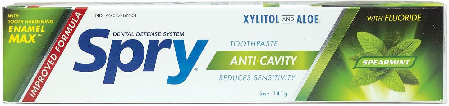 Spry Xylitol Toothpaste with Fluoride, Natural Spearmint, Anti-Cavity, 5 oz (3 Pack)