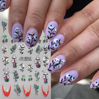 5 Sheets Halloween Nail Art Stickers Horror Ghost Self-Adhesive Embossed Flower Skull Nail Decals - with Cute Sunflower Strawberry Spider Ghost Designs for Women Girls DIY Nail Decoration