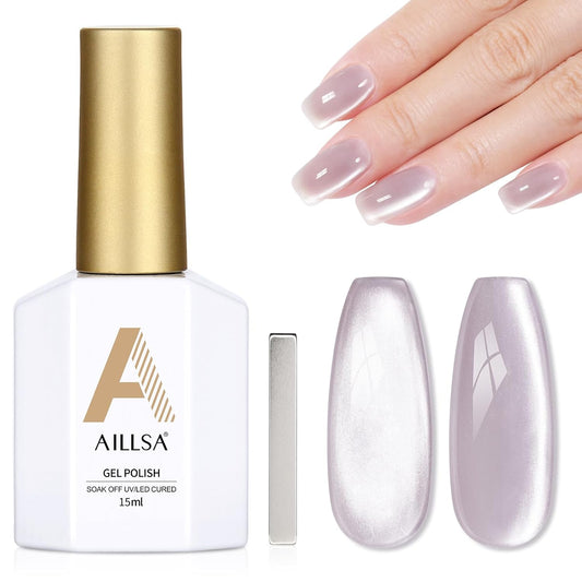 AILLSA Glass Cat Eye Gel Nail Polish, 15ml Light Purple Glitter Jelly Sheer Gel Polish, Translucent Magnetic Shimmer Sparkle Nail Art U V Salon 0.5 OZ GF40