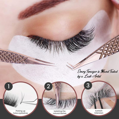 5 Pcs Fiber-Tip Japanese Steel Lash Tweezer Set with Leather Case, Professional Eyelash Tweezers for Lash Extensions – Titanium Coated, 90 & 45 Angled, Precision Pointed Tweezers (METALIC-ROSE)