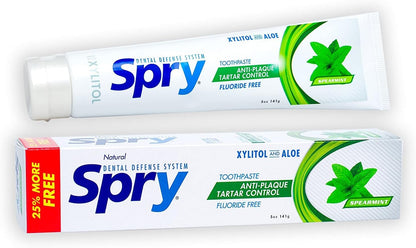 Spry Natural Xylitol Toothpaste 5oz for Adults and Kids - Fluoride Free, Gentle for Sensitive Teeth Whitening and Remineralizing, Breath Freshening, Mouth Moisturizing, Spearmint (Pack of 2)