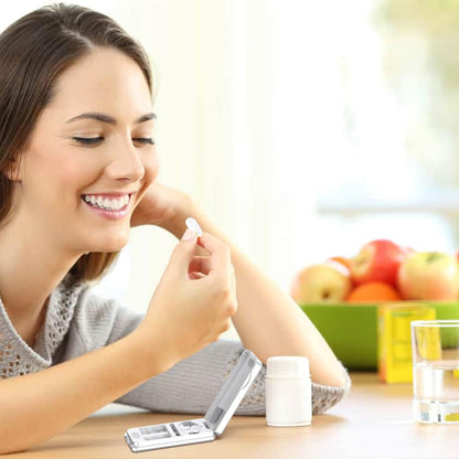 Pill Cutter with Auto Centering Device, Aluminum Pill Splitter with 316L Stainless Blade, Genuine Leather Case, Professional Pill Splitter for Cutting Small Pills or Large Pills (Silver)