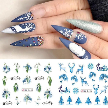 Christmas Nail Art Stickers Snowflake Water Transfer Nail Decals Winter Snow Flake Elk Cold Ice Bear Tree Nail Design Stickers for Nail Art Acrylic Watermark Nail Foils for Christmas Nail Decor 12Pcs