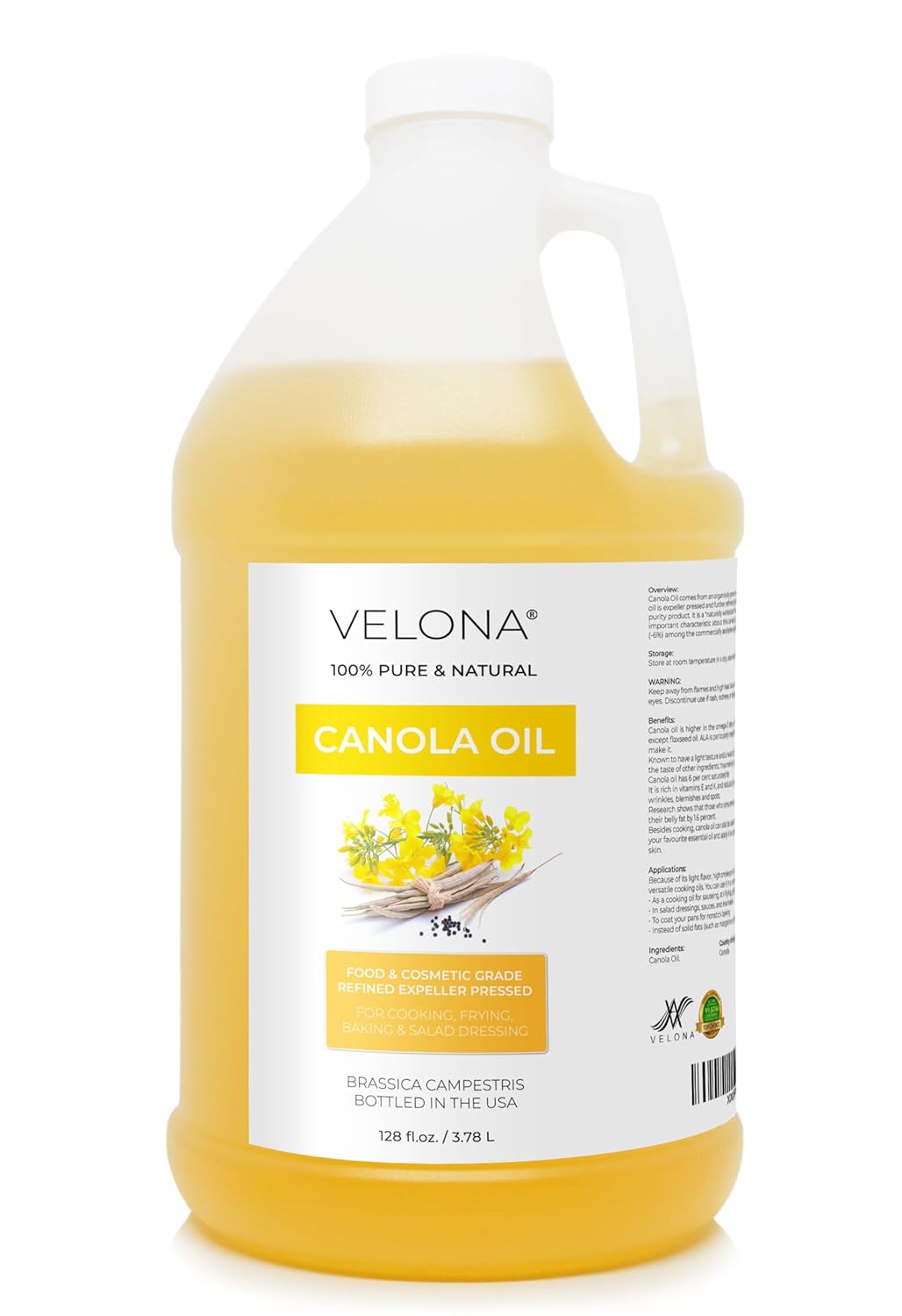 velona Canola Seed Oil 1 Gallon / 128 Fl Oz | 100% Pure and Natural Carrier Oil | Refined, Cold pressed | Cooking, Dressing, Skin, Face, Body, Hair Care | Use Today - Enjoy Results