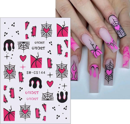 6Sheets Halloween Nail Stickers - Cute Ghost Nail Decals, 3D Self-Adhesive Pink Pumpkin Spider Web Mummy Ghost Nail Art Design Stickers for Women