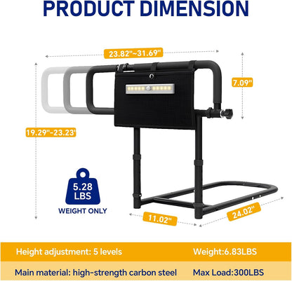 Foldable Bed Rails for Elderly Adults - 300 lbs Weight Capacity, 5-Level Height & 3-Level Arm Adjustment, Portable Bed Assist Rail with Night Light & Storage Bag, No-Drill Installation