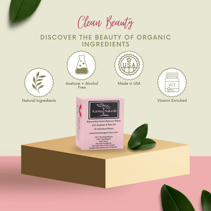 Karma Organic Natural Nail Polish Remover Wipes with Soybean and Rose Oil, 100% Soy Based, Non-Toxic, Vegan, Cruelty-Free – Pack of 10