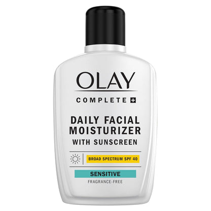 Olay Complete+ Face Moisturizer with Sunscreen SPF 40, For Sensitive Skin, Broad Spectrum Sun Protection, Fragrence-Free - No White Cast on All Tones, Nourishes Moisture Barrier - Ceramides, 6 Oz