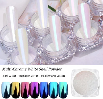 7 Colors Chrome Nail Powder Aurora Metallic Holographic Mirror Effect Dip Nail Powder Kit, White Pearl Iridescent Shell Powder Glitter Nail Art Pigment Manicure for Nails
