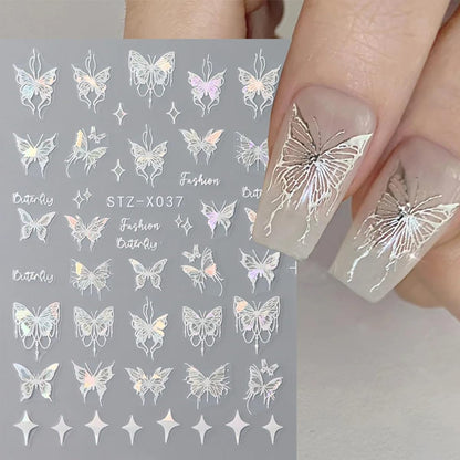 8 Sheets Holographic Butterfly Nail Art Stickers - 3D Self-Adhesive Designer Decals for Nail Art Charms - Blue White Glitter Nail Design for Women Nail Decor