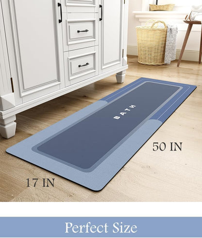 MontVoo-Bath Mat Rug Long Non Slip Super Absorbent Bathroom Runner Stain Resistant Quick Dry Thin Bathroom Mat Fit Under Door-17"x50",Navy