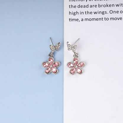 Vintage Pink Crystal Flower Earrings Butterfly Flower Drop Earrings Silver Rhinestone Butterfly Stud Earrings Pink Gemstone Butterfly Earrings Jewelry for Women