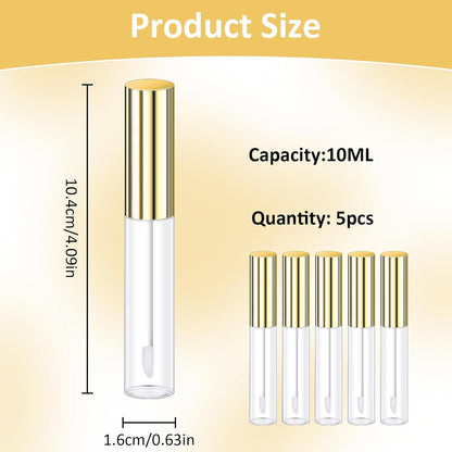 Molain 5PCS Empty Lip Gloss Tubes, 10ml Refillable Cosmetic Containers Bottles Lip Balm Bottles with Wand Concealer for Lipstick Samples, Lip Balms(Gold tube cap)
