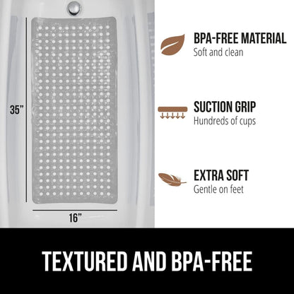 GORILLA GRIP Patented Bath Tub Shower Mat, Machine Washable Bathtub Floor Liner Mats, Suction Cups and Drain Holes to Keep Tubs Clean, Soft on Feet, Bathroom Essentials, 35x16 Inch, Gray Opaque