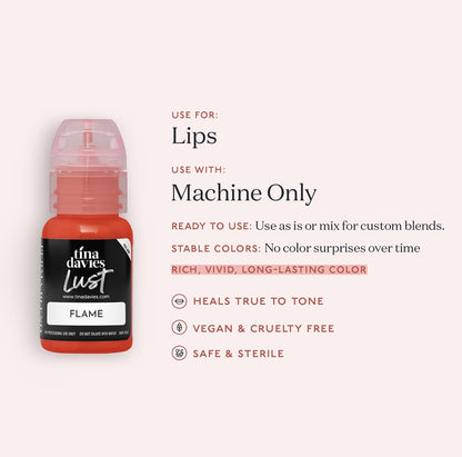 Tina Davies Professional Envy & Lust Lip Pigments - Permanent Lip Makeup - Colors Heal True to Tone - High Retention - Lust Flame, 1/2oz/15ml Bottle