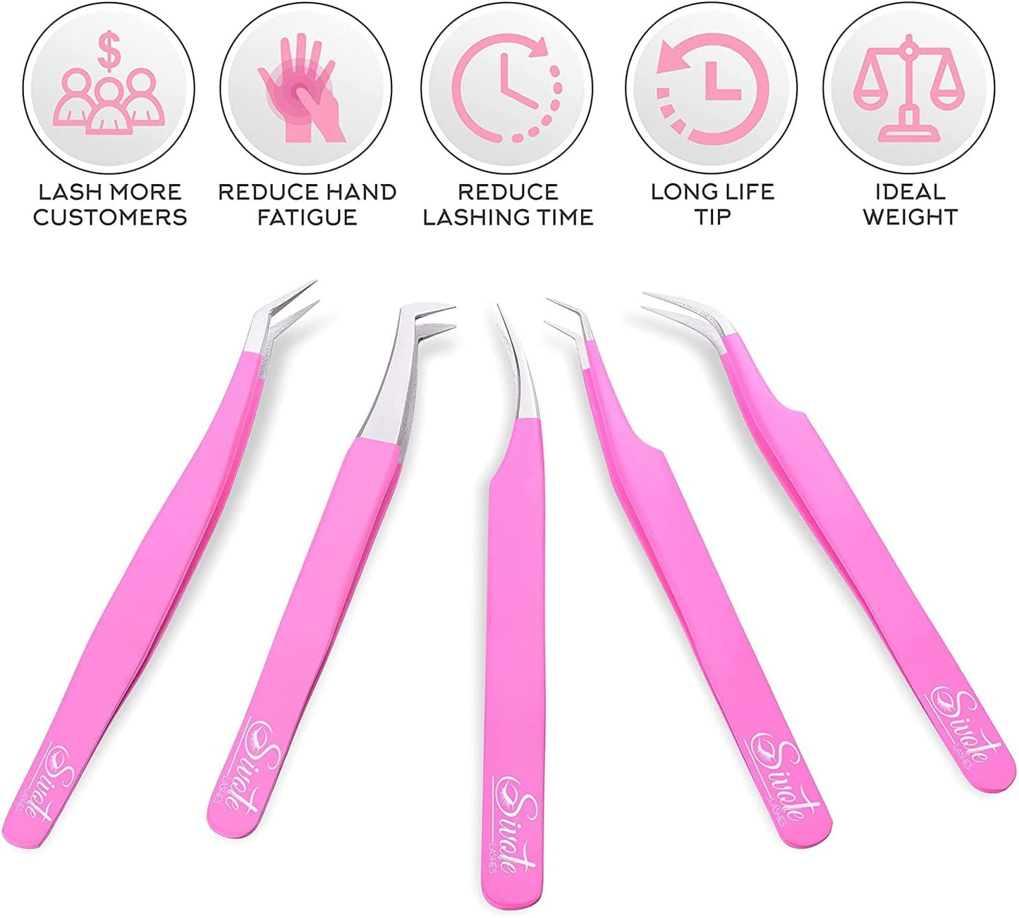 SIVOTE Eyelash Extension Tweezers for Classic & Volume Lashes, 5-Pack, Pink