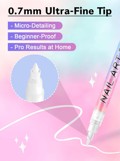 Kalolary 1PCS White Nail Art Pens，0.7mm Nail Polish Pens Quick Dry Long-last Nail Graffiti Dotting Painting Liner Nail Art Markers for DIY Nail Art Design