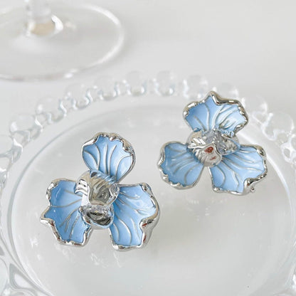 Unique Blue Flower Earrings Studs Vintage Floral Petal Earrings Statement French Blue Iris Flower Earrings Studs Bridal Wedding Prom Earrings Jewelry for Women