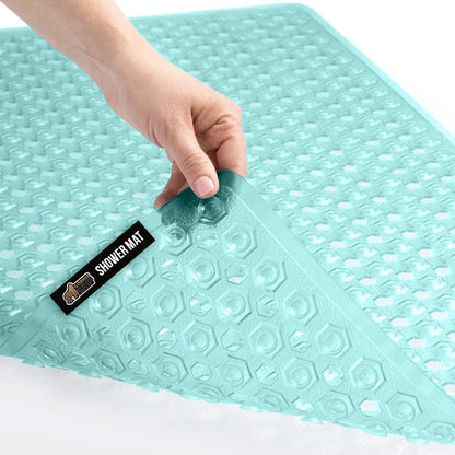 GORILLA GRIP Patented Bath Tub Shower Mat, Machine Washable Bathtub Floor Liner Mats, Suction Cups and Drain Holes to Keep Tubs Clean, Soft on Feet, Bathroom Essentials, 35x16 Inch, Clear Green