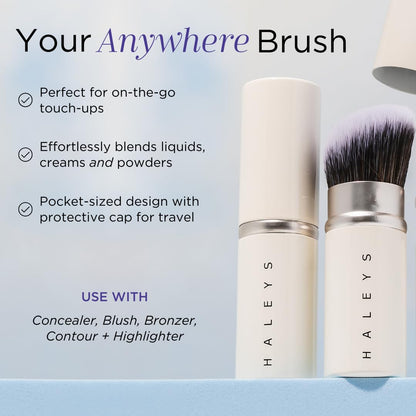 HALEYS Retractable Face Brush, VEGAN Dense, Angled Bristles & Adjustable Sleeve, Portable Makeup Brush for Quick, Easy Streak-Free Blending of Liquids, Creams, Powders, Travel-friendly Mess-Free Cap