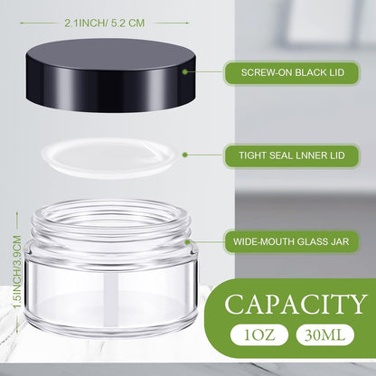 Domensi 100 Pcs 1 oz Glass Jars with Lids Bulk Round Glass Cosmetic Jars Lids 1 oz Small Travel Containers with Inner Liner for Lotions Powders Ointments Sample Cream(Clear, Black)