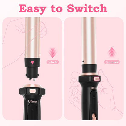 Ufree 5 in 1 Curling Iron with Interchangeable Ceramic Barrels (0.35"-1.25"), Curling Wand Set with Flat Iron Hair Straightener, Instant Heat Up, Dual Voltage Hair Curler, Gifts for Women