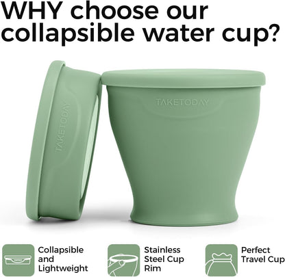 TakeToday Collapsible Travel Cup - Silicone Foldable Water Cup, BPA-Free with Lid & Waterproof Bag - Drinking Cup Set for Office, Camping & International Travel（8 Oz, Green）