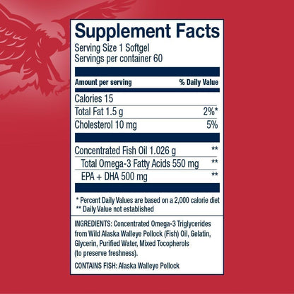 AmerOmega Triglyceride Omega-3 Fish Oil for Heart Health Support - Wild-Caught Alaskan Walleye Pollock - American-Sourced, American-Made - Non-GMO, Gluten-Free & Dairy-Free - 60 Softgels