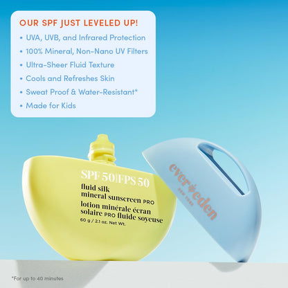 Evereden SPF50 Fluid Silk Mineral Kids Sunscreen: Clean Cooling Non-Nano UVA, UVB, & IR Protection for Sensitive Skin - Sheer, Lightweight, & Waterproof for Up to 40 Mins - Beach Day Toddler Sunscreen
