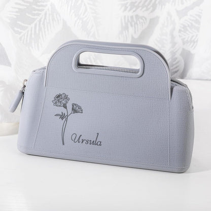 Custom Small Travel Makeup Bag Silicone Waterproof Personalized Birth Flower Name Makeup Brush Case Portable Zipper Cosmetic Bag Gifts For Mom Daughter 4 Colors Size 7.28×4.96INCH