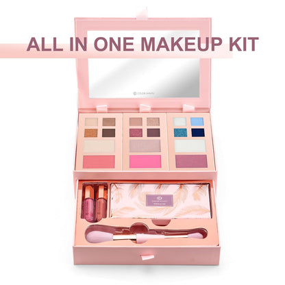 Color Nymph Small Makeup Palette Set for Face | Cosmetics Gift Set for Women & Girls | 12 Colors Eyeshadow, Blush, Highlighter, Contour Powder, Lip Gloss & Brush Kit | Travel-Friendly (Pink)