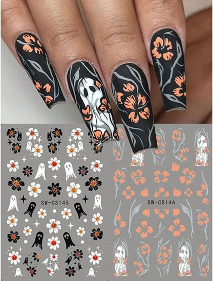 8 Sheets Halloween Nail Art Stickers Horror Ghost Spider Scorpion Nail Design Stickers Decals 3D Self Adhesive Pumpkin Spider Web Gothic Nail Decals for Women DIY Halloween Nail Decoration Supply